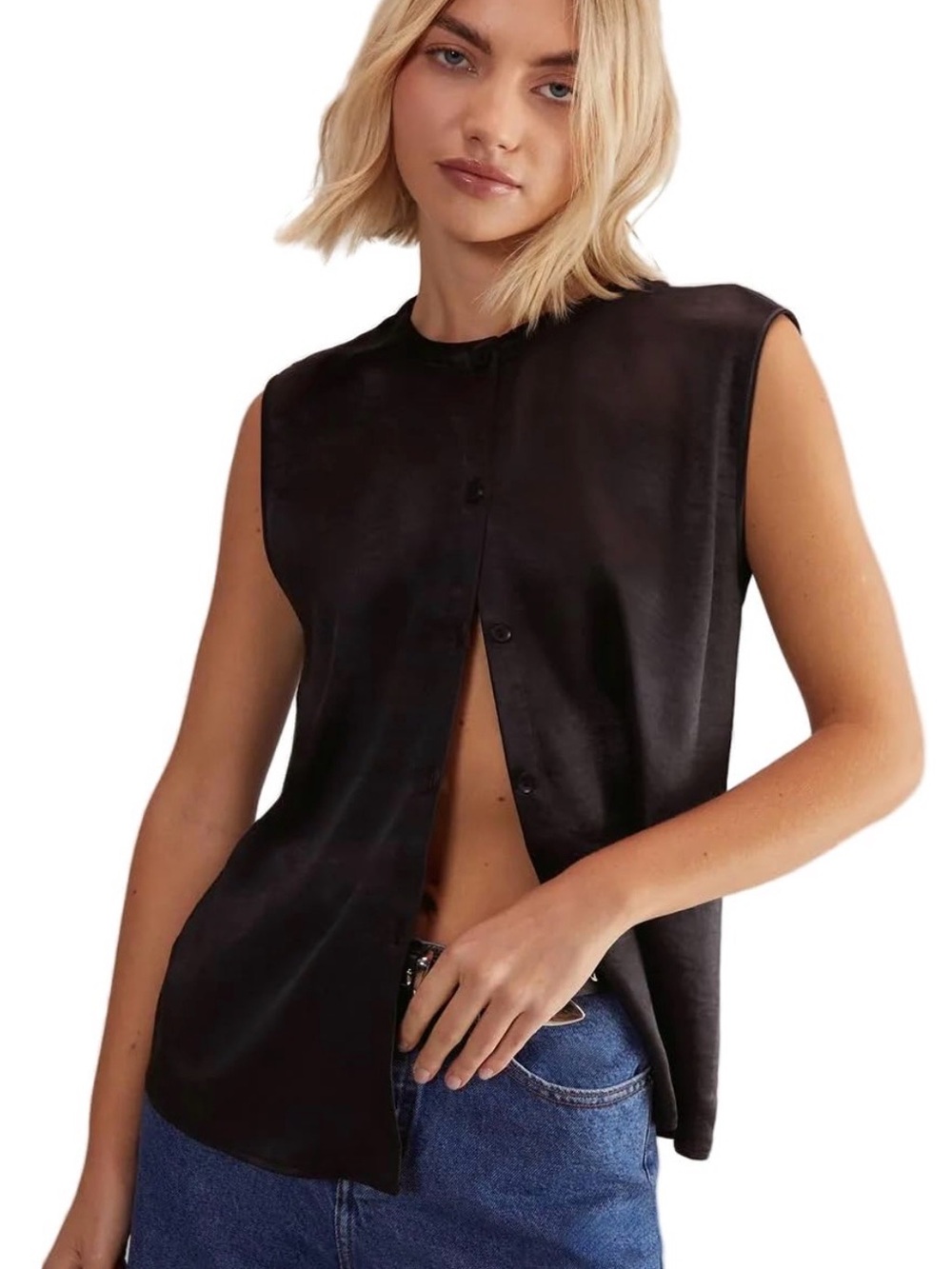 Sleeveless Black Satin Button-Front Top